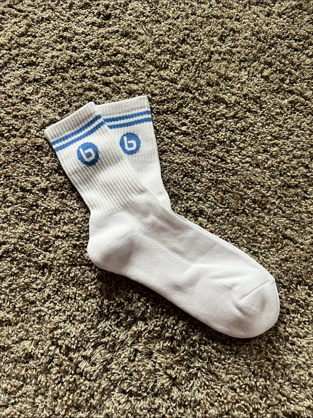 Burn Boot Camp White Crew Socks with Blue Logo and Stripes